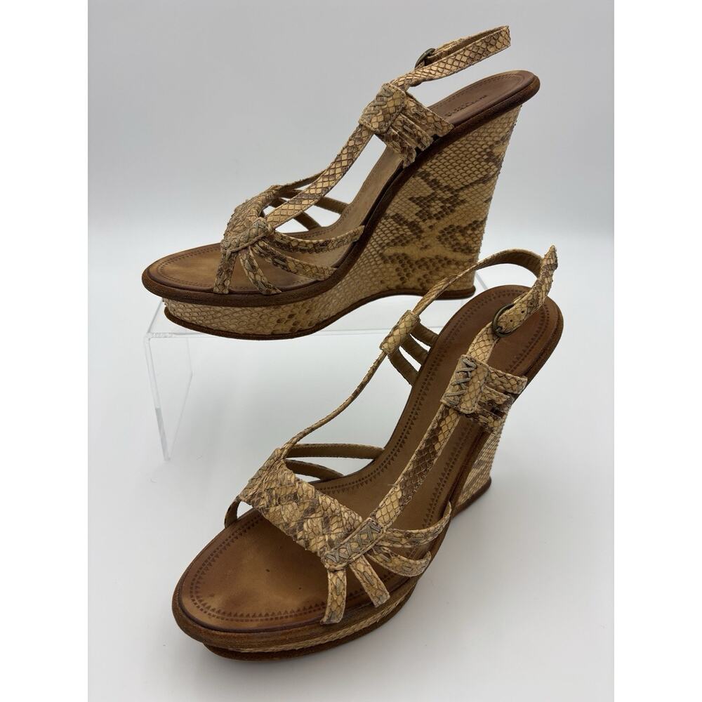 Bottega Veneta Slingback Sandals Snakeskin Gold Tan Snake Size 9.5 Wedge